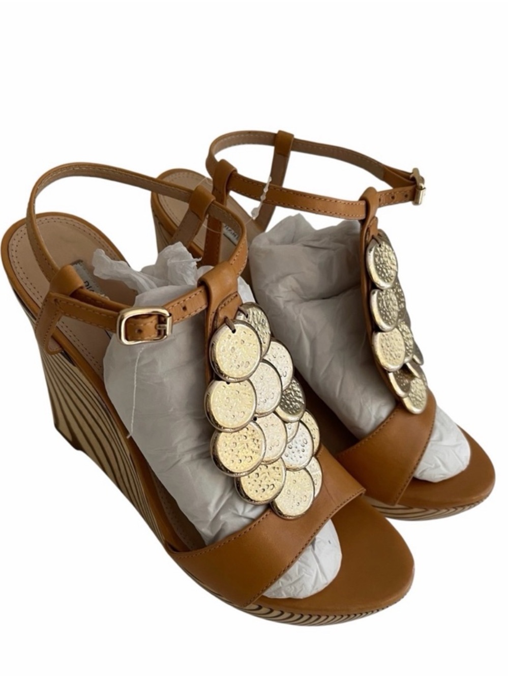 Diane Von Furstenberg "Stefy" Tan Leather Platform Wedge Sandal/Gold Coin Detail